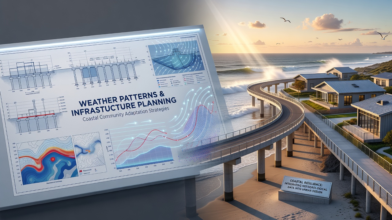 Engineers reviewing plans for flood barriers and elevated roadways in a coastal area affected by increasing storm frequency