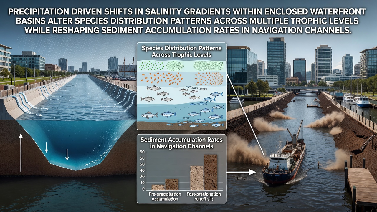 Precipitation Patterns Reshape Salinity Gradients in Enclosed Waterfront Basins and Trigger Cascading Ecological Changes